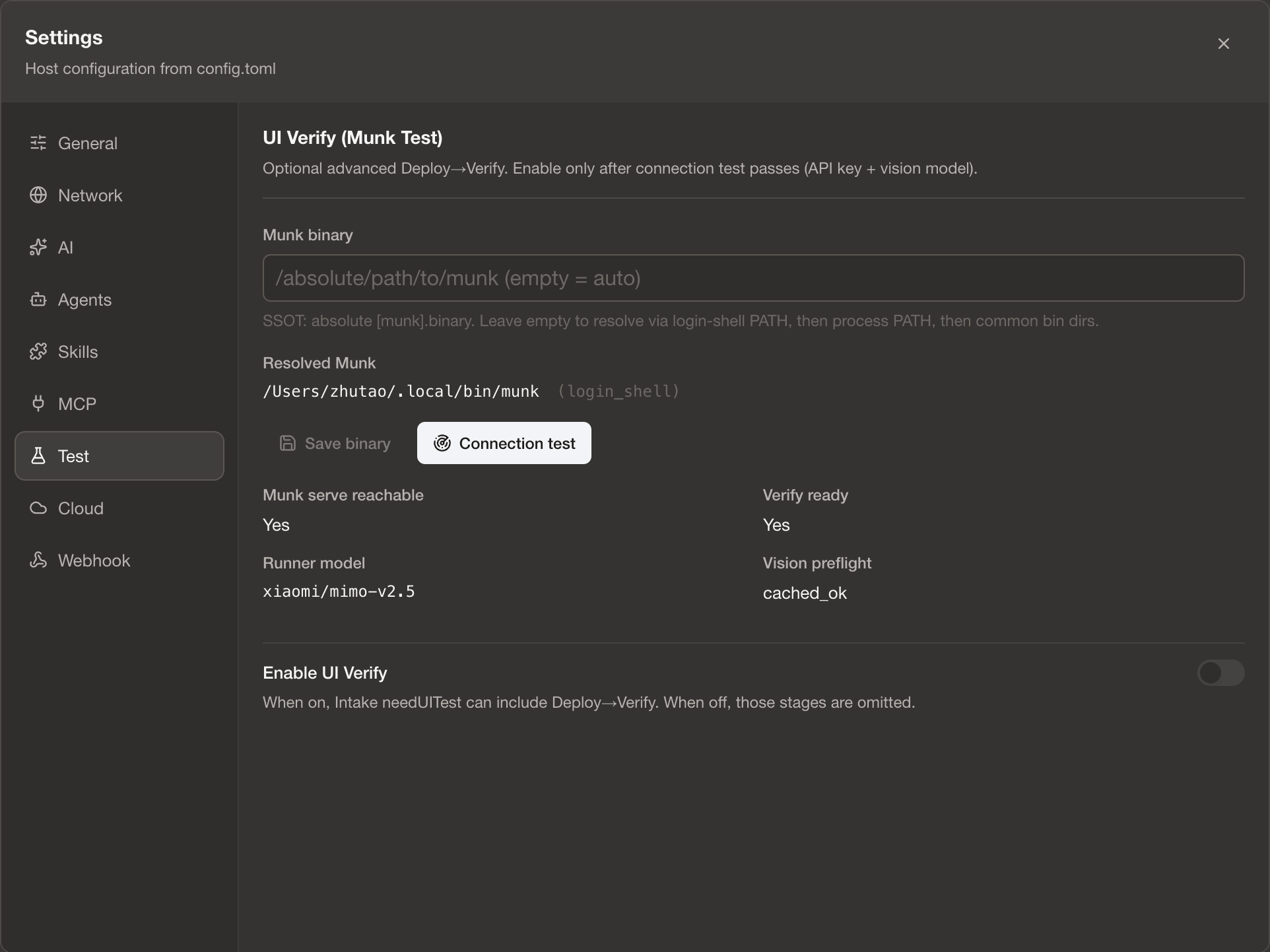 Settings · Test (Munk Test)