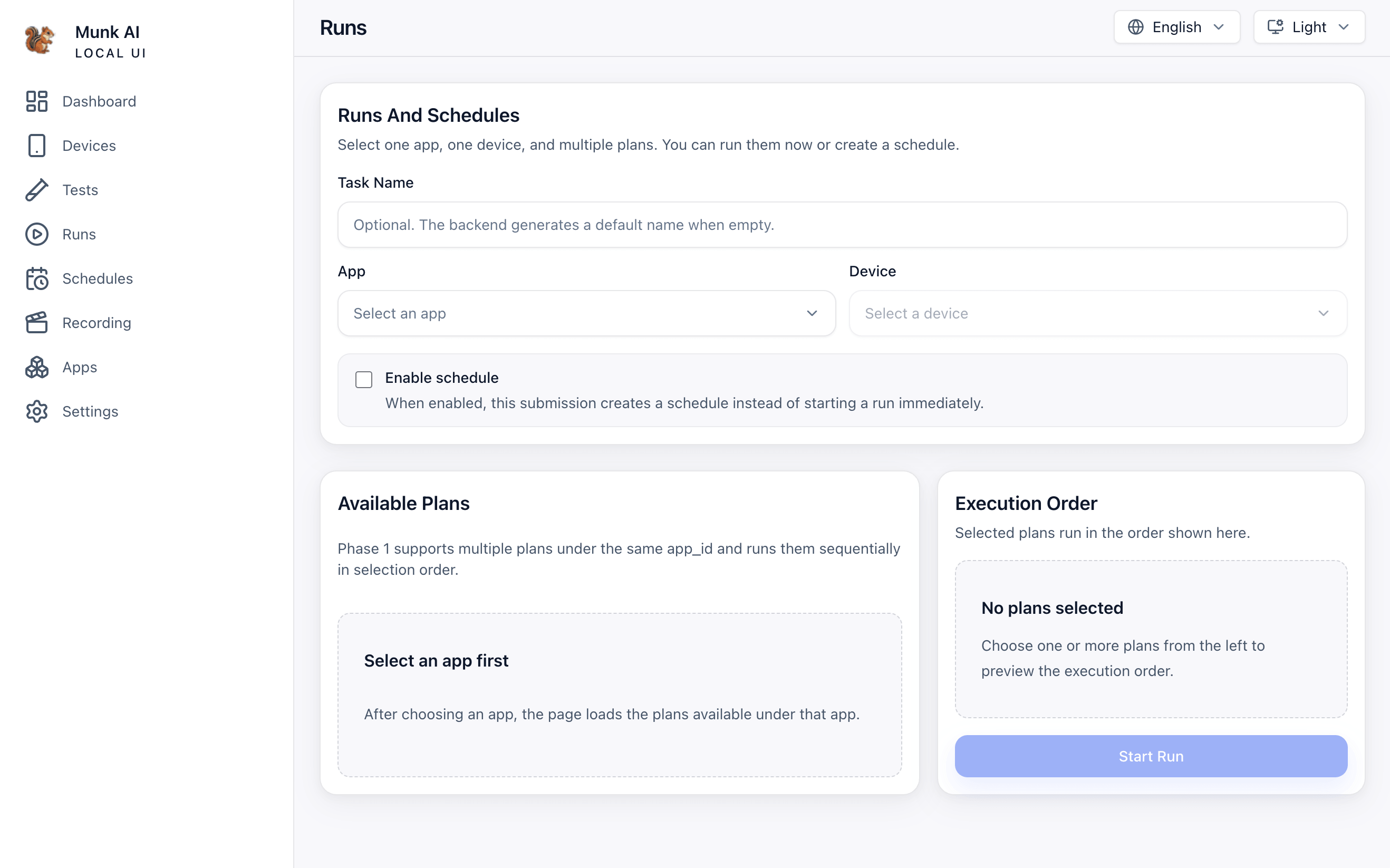 Run and Scheduled Tasks screen